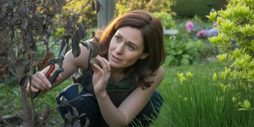 Ogrodniczka przycinająca czarne i suche gałęzie laurowiśni po zimie, sprawdzająca żywe drewno sekatorem