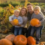 Rodzina zbierająca dynie w ogrodzie warzywnym – optymalna liczba krzaków dyni na 4-5 osób