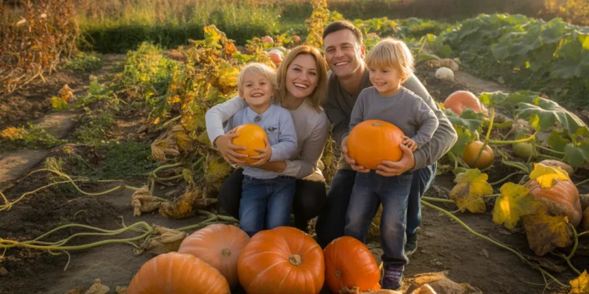 Rodzina zbierająca dynie w ogrodzie warzywnym – optymalna liczba krzaków dyni na 4-5 osób