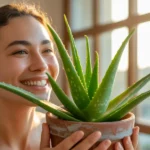 Młoda kobieta uśmiecha się z ulgą trzymając zdrową roślinę aloe vera w doniczce z terakoty przy jasnym oknie