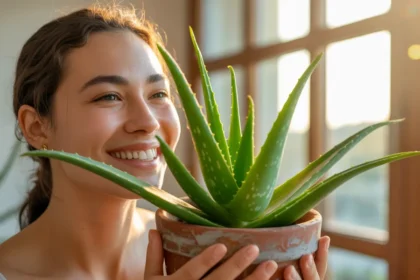 Młoda kobieta uśmiecha się z ulgą trzymając zdrową roślinę aloe vera w doniczce z terakoty przy jasnym oknie