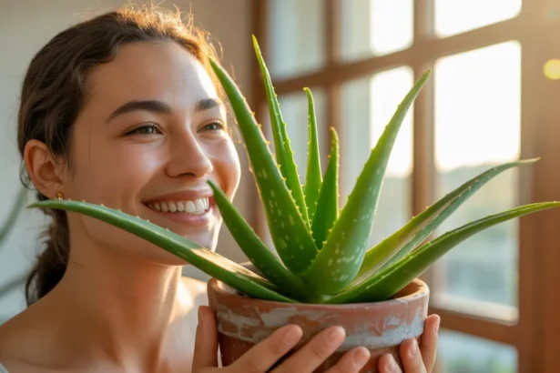 Młoda kobieta uśmiecha się z ulgą trzymając zdrową roślinę aloe vera w doniczce z terakoty przy jasnym oknie