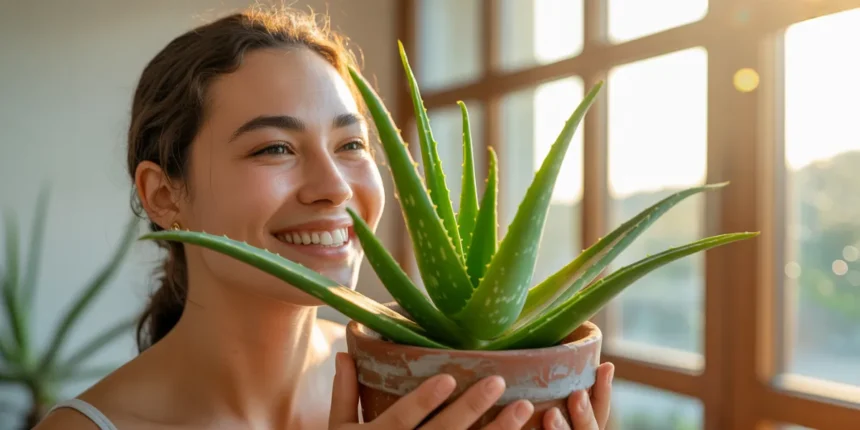 Młoda kobieta uśmiecha się z ulgą trzymając zdrową roślinę aloe vera w doniczce z terakoty przy jasnym oknie