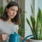 Kobieta trzymająca doniczkę z sansewierią w jasnym mieszkaniu