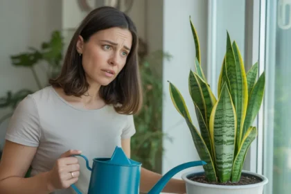 Kobieta trzymająca doniczkę z sansewierią w jasnym mieszkaniu