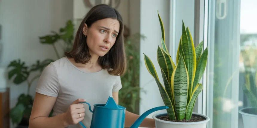 Kobieta trzymająca doniczkę z sansewierią w jasnym mieszkaniu