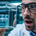 Naukowiec obserwujący z zaskoczeniem małą przezroczystą meduzę pudełkową Tripedalia maipoensis w laboratorium