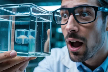 Naukowiec obserwujący z zaskoczeniem małą przezroczystą meduzę pudełkową Tripedalia maipoensis w laboratorium