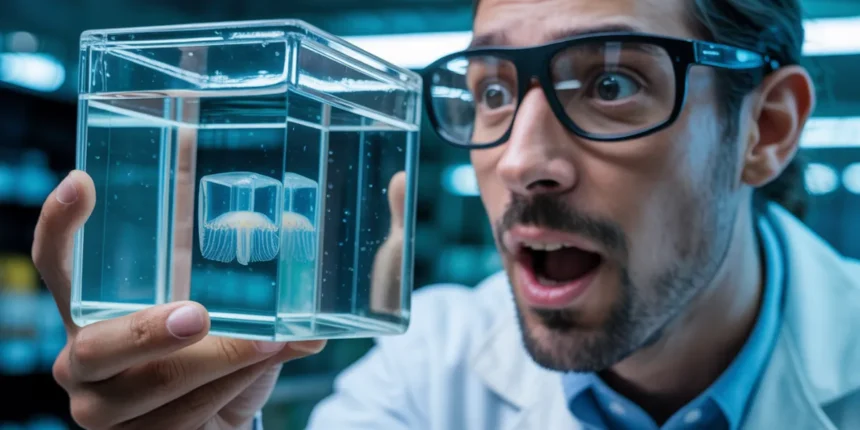 Naukowiec obserwujący z zaskoczeniem małą przezroczystą meduzę pudełkową Tripedalia maipoensis w laboratorium