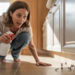 Kobieta nakładająca naturalny środek na listwy przypodłogowe, aby zapobiec inwazji mrówek w domu