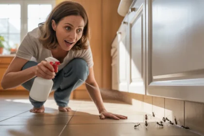 Kobieta nakładająca naturalny środek na listwy przypodłogowe, aby zapobiec inwazji mrówek w domu