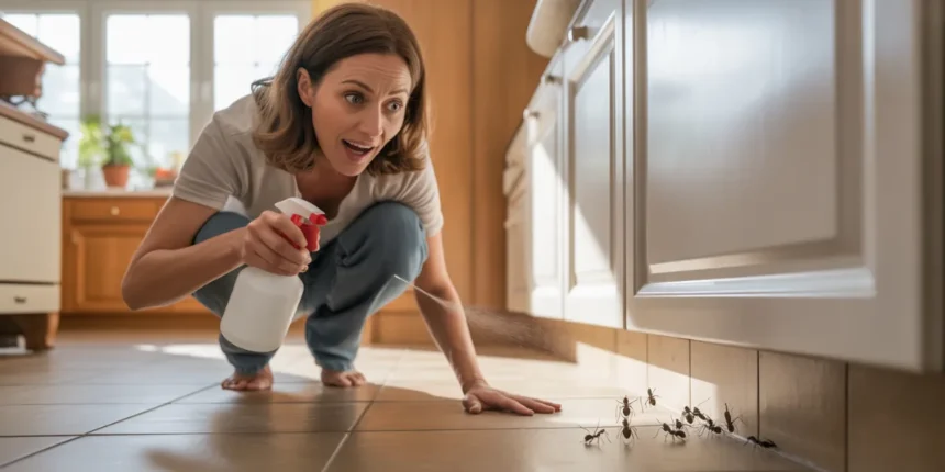 Kobieta nakładająca naturalny środek na listwy przypodłogowe, aby zapobiec inwazji mrówek w domu