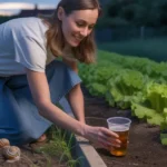 Kobieta umieszczająca pułapkę piwną na ślimaki w ogrodzie warzywnym o zmierzchu