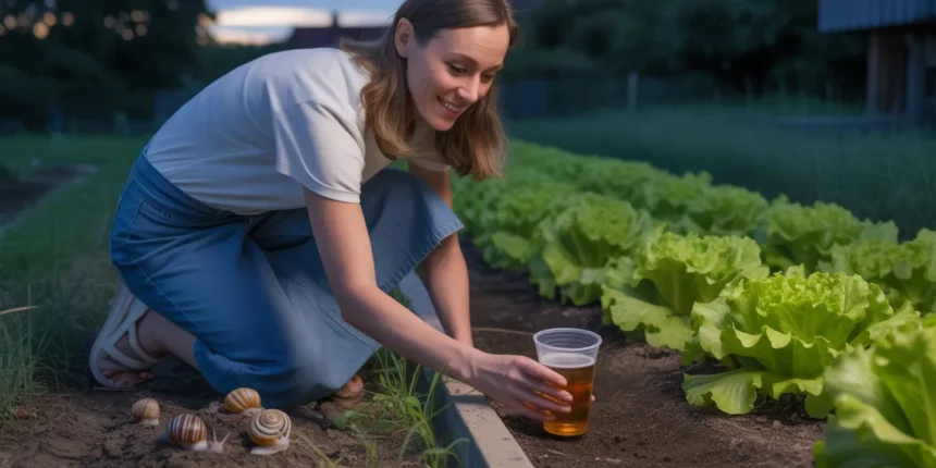 Kobieta umieszczająca pułapkę piwną na ślimaki w ogrodzie warzywnym o zmierzchu