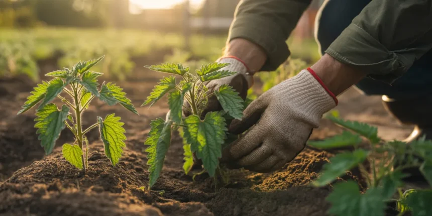 Pokrzywy układane przed sadzeniem pomidorów w ogrodzie – naturalna metoda nawożenia gleby azotem