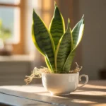 Sanseveria zasadzona w eleganckiej porcelanowej filiżance – trik ogrodniczy przyciągający dobrobyt według feng shui