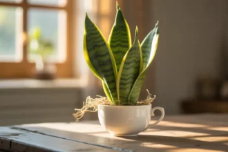 Sanseveria zasadzona w eleganckiej porcelanowej filiżance – trik ogrodniczy przyciągający dobrobyt według feng shui