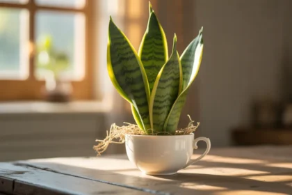 Sanseveria zasadzona w eleganckiej porcelanowej filiżance – trik ogrodniczy przyciągający dobrobyt według feng shui