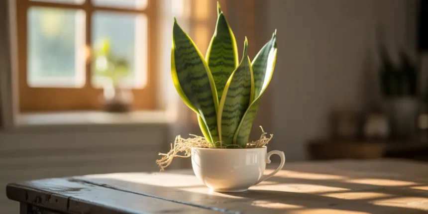 Sanseveria zasadzona w eleganckiej porcelanowej filiżance – trik ogrodniczy przyciągający dobrobyt według feng shui