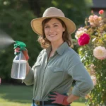 Ogrodniczka trzymająca butelkę z opryskem czosnkowym przy różach zaatakowanych przez mszyce w ogrodzie