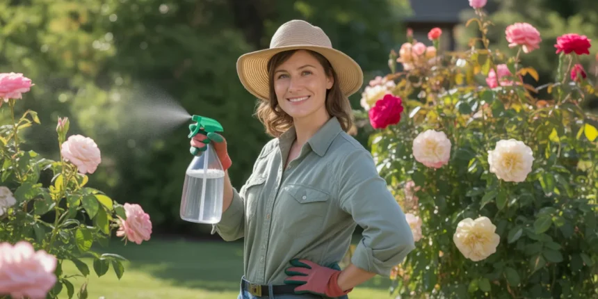 Ogrodniczka trzymająca butelkę z opryskem czosnkowym przy różach zaatakowanych przez mszyce w ogrodzie