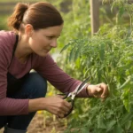 Ogrodniczka przycinająca boczne pędy krzaku pomidorów w słonecznym ogrodzie