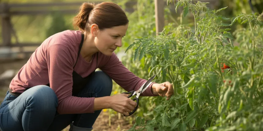 Ogrodniczka przycinająca boczne pędy krzaku pomidorów w słonecznym ogrodzie
