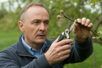 Ogrodnik przycinający drzewa owocowe w maju — sekator przy gałęzi jabłoni