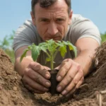 Mężczyzna sadzi sadzonkę pomidora poziomo w płytkim rowku w ziemi stosując technikę sadzenia na leżąco z TikToka