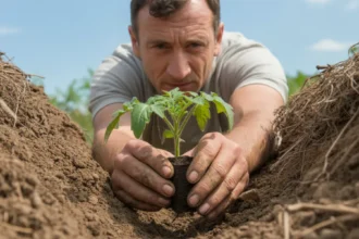 Mężczyzna sadzi sadzonkę pomidora poziomo w płytkim rowku w ziemi stosując technikę sadzenia na leżąco z TikToka