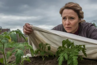 Ogrodniczka przykrywa młode sadzonki agrowłókniną w ogrodzie przed majowymi przymrozkami zimnych ogrodników